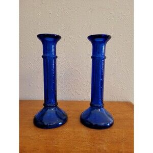 Pair of Vintage Cobalt Blue Textured Glass Candlesticks Candle Holders Spain 8"